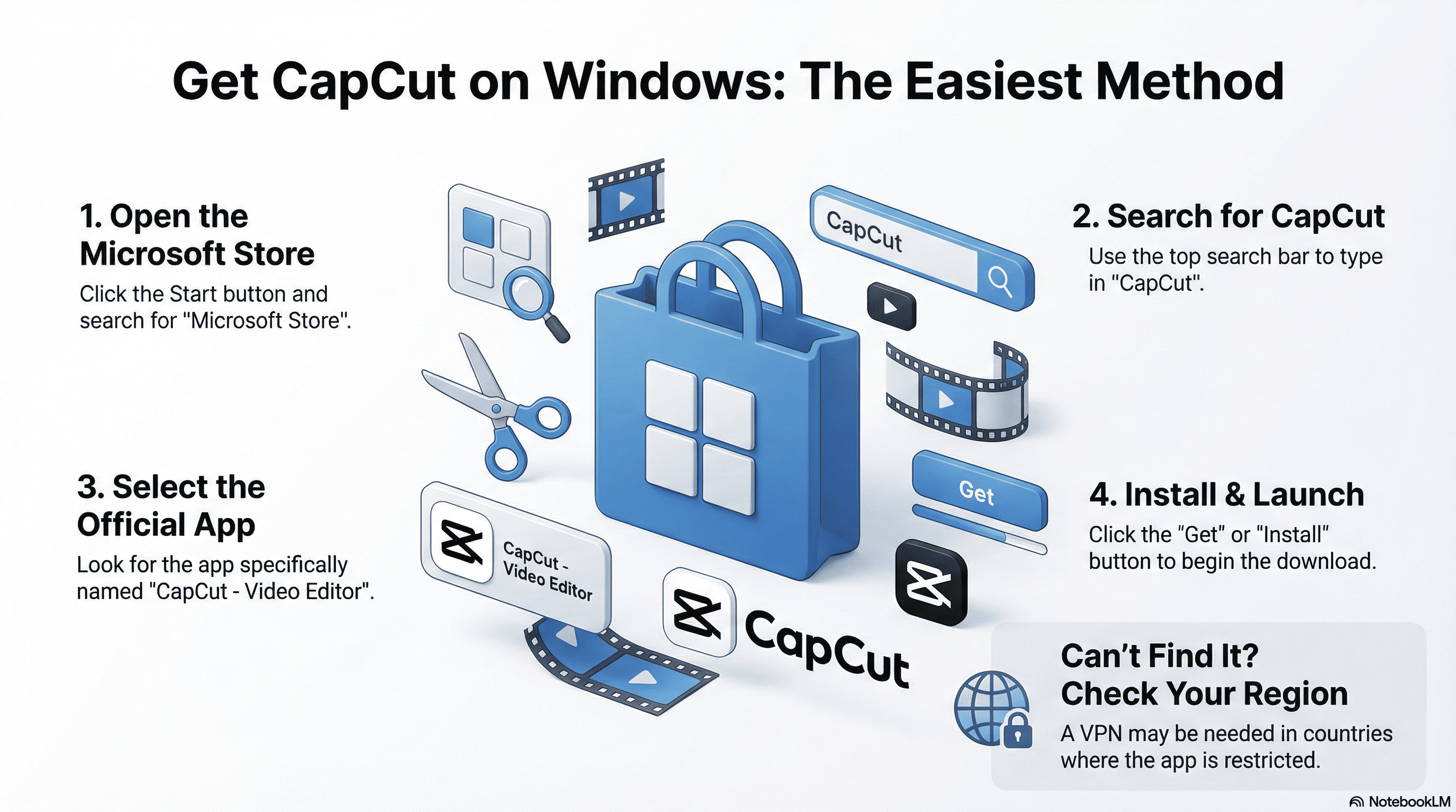 Windows 11 Microsoft Store icon with video editing symbols including CapCut.