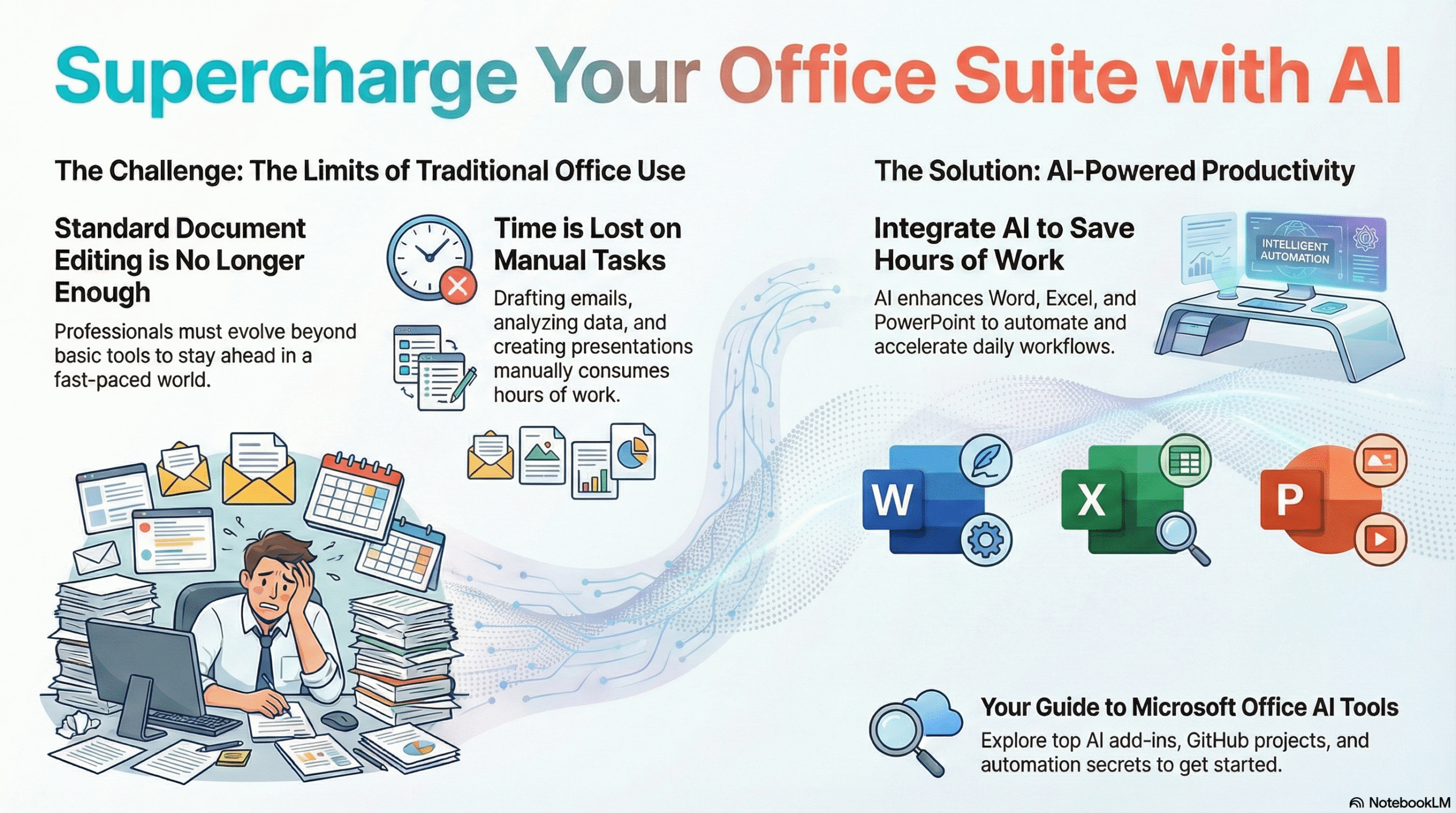 Microsoft Office AI tools including Copilot for Word, Excel, and PowerPoint