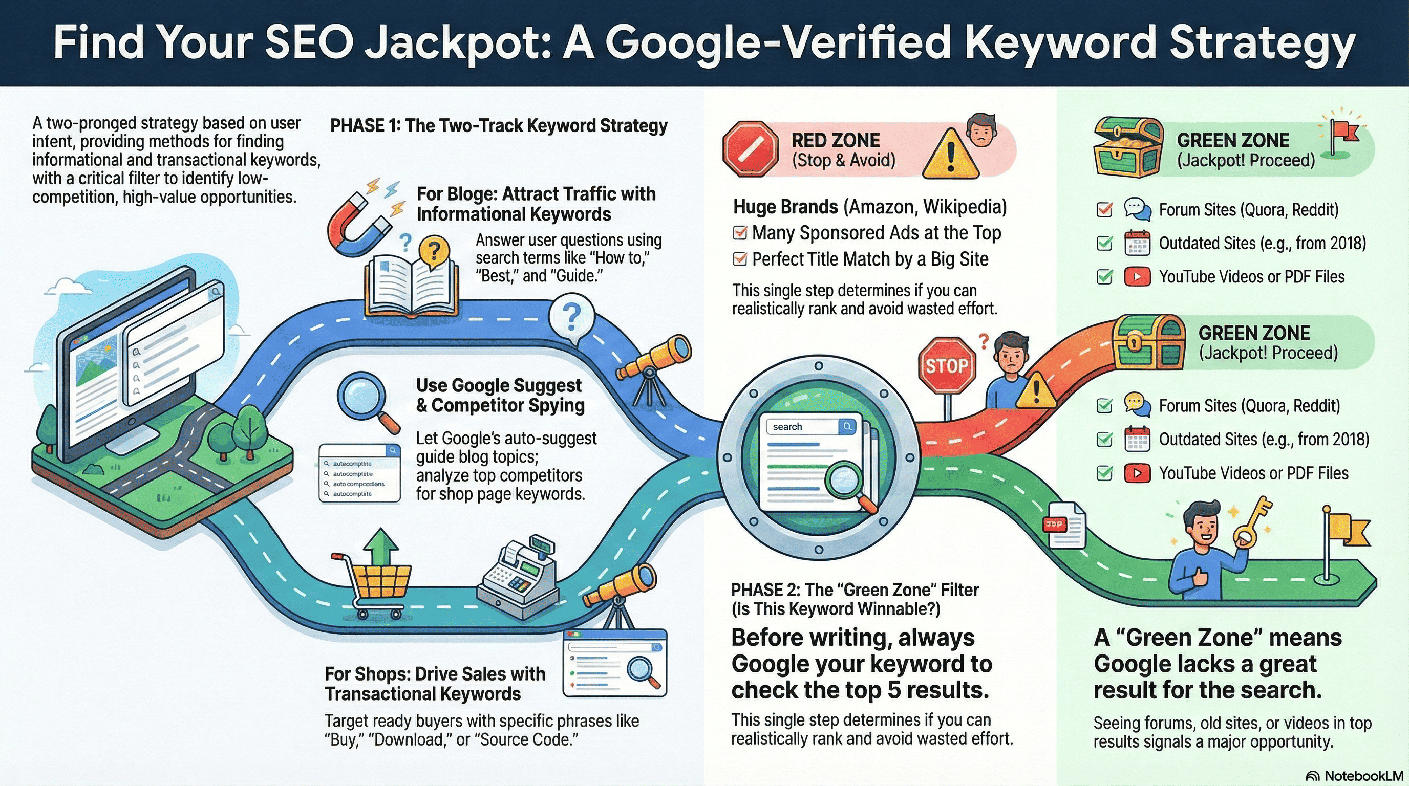 Google Verified SEO Keyword Research Guide 2 Google-verified keyword strategy infographic for finding low-competition Green Zone SEO opportunities