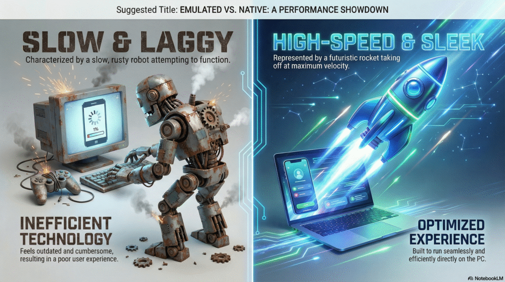 Split-screen comparison showing slow emulator app on PC vs fast native PC version.