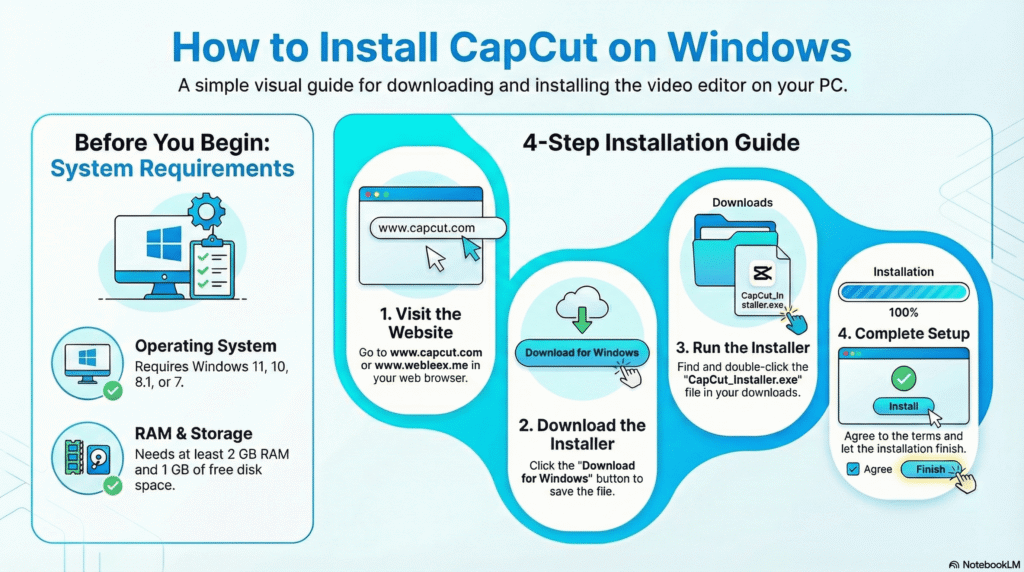 Infographic guide on how to install CapCut on Windows PC without emulator, showing system requirements and 4-step official download process.