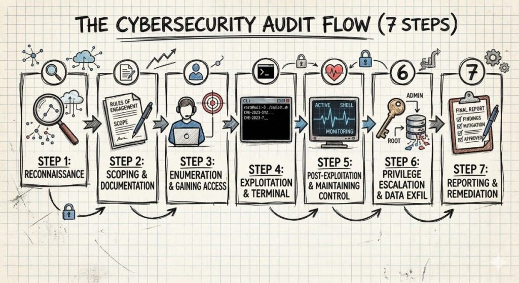 purane grid paper style par banaya gaya ek hand-drawn cybersecurity audit flow diagram, jiska title hai: "THE CYBERSECURITY AUDIT FLOW (7 STEPS)". Yeh diagram 7 steps ke ek linear process ko dikhata hai, jinke labels hain: (1) Reconnaissance, (2) Scoping & Documentation, (3) Enumeration & Gaining Access, (4) Exploitation & Terminal, (5) Post-Exploitation & Maintaining Control, (6) Privilege Escalation & Data Exfil, aur (7) Reporting & Remediation. Har panel mein ek round number, ek Central function-related icon, aur Descriptive titles aur bullet points (jaise rules of engagement, final report) hain. Arrows left se right process flow ko show karte hain.