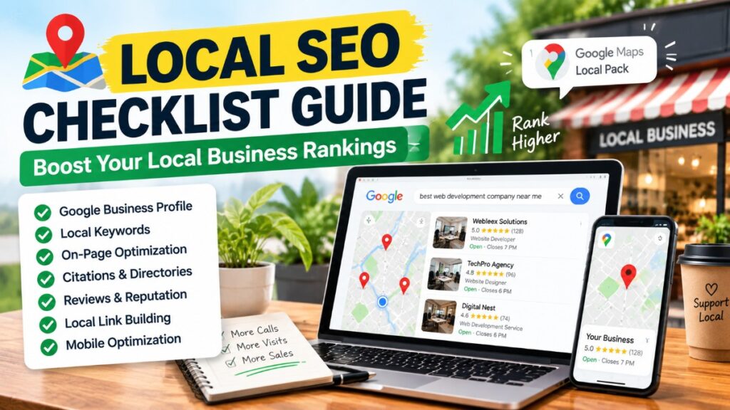 Local SEO checklist guide showing Google Business Profile optimization, local keyword research, on-page SEO, business citations, customer reviews, local link building, and Google Maps rankings to improve local business visibility.
