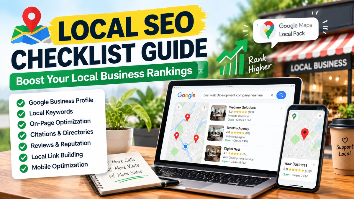 Local SEO checklist guide showing Google Business Profile optimization, local keyword research, on-page SEO, business citations, customer reviews, local link building, and Google Maps rankings to improve local business visibility.