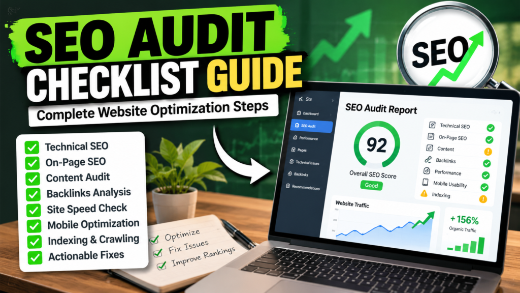 SEO audit checklist guide showing technical SEO, on-page optimization, backlinks analysis, website speed, mobile SEO, and website audit report.