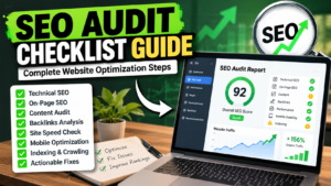 SEO audit checklist guide showing technical SEO, on-page optimization, backlinks analysis, website speed, mobile SEO, and website audit report.