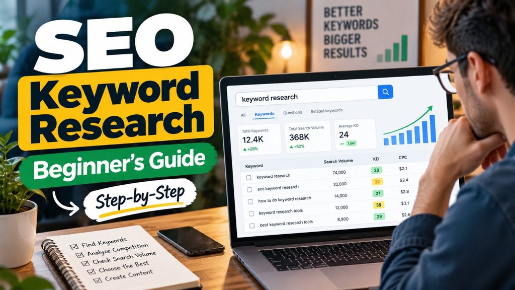 SEO keyword research for beginners step-by-step guide showing keyword analysis, search volume, competition, and SEO tools on a laptop