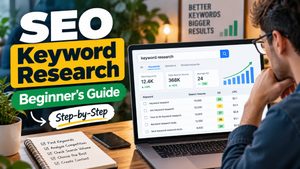 SEO keyword research for beginners step-by-step guide showing keyword analysis, search volume, competition, and SEO tools on a laptop